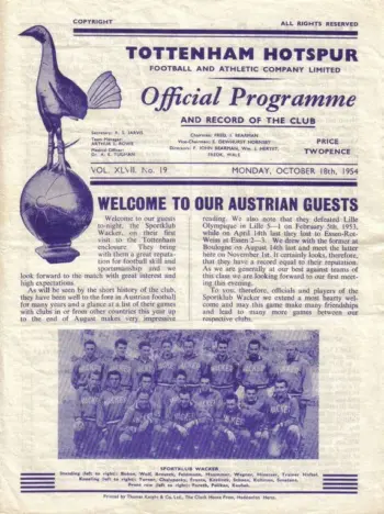 Spurs v SC Wacker Leipzig (18 Oct 1954) Programme