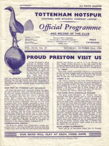 Spurs v Preston North End (23 Oct 1954) Programme