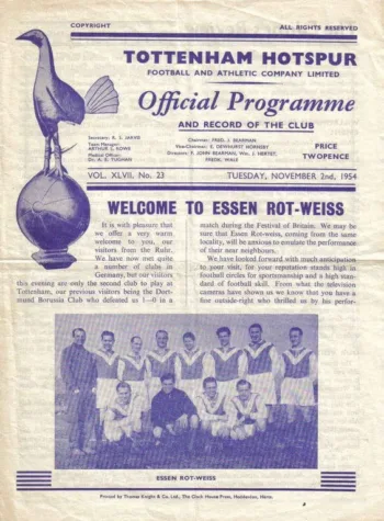 Spurs v Rot-Weiss Essen (02 Nov 1954) Programme