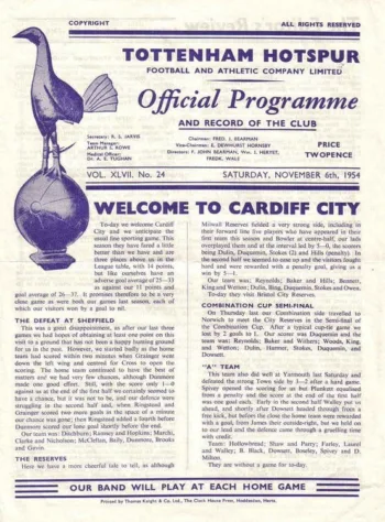 Spurs v Cardiff City (06 Nov 1954) Programme