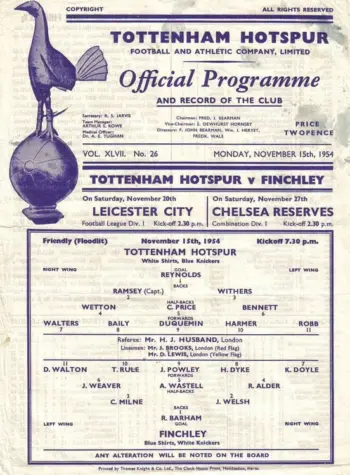 Spurs v Wingate & Finchley FC (15 Nov 1954) Programme