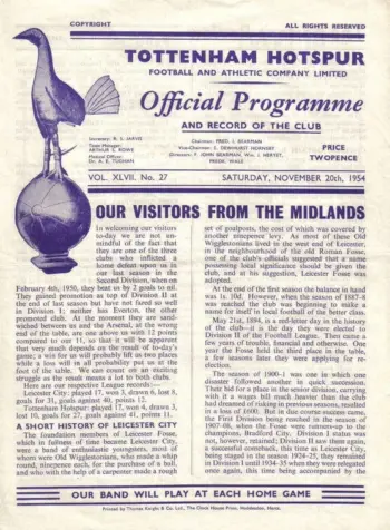 Spurs v Leicester City (20 Nov 1954) Programme