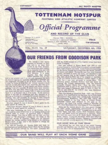 Spurs v Everton FC (04 Dec 1954) Programme