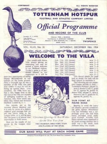 Spurs v Aston Villa (18 Dec 1954) Programme