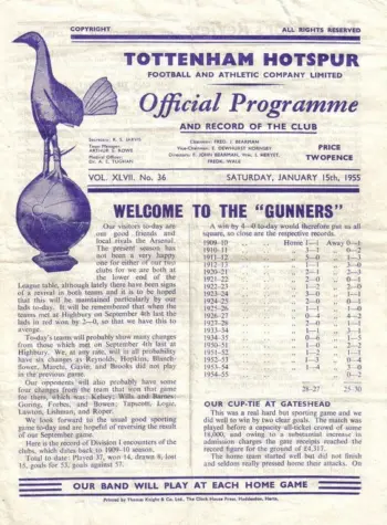 Spurs v Arsenal FC (15 Jan 1955) Programme