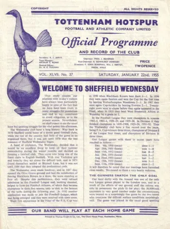 Spurs v Sheffield Wednesday (22 Jan 1955) Programme