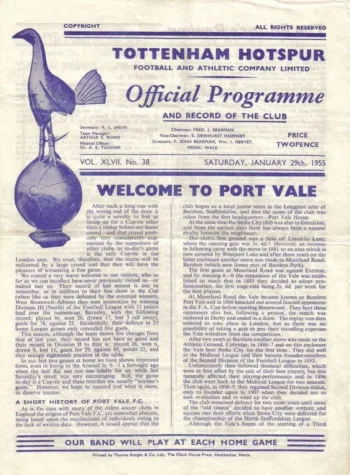 Spurs v Port Vale FC (29 Jan 1955) Programme