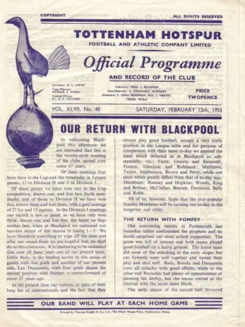 Spurs v Blackpool FC (12 Feb 1955) Programme
