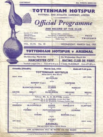 Spurs v Arsenal FC (02 Mar 1955) Programme