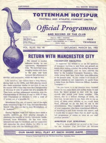 Spurs v Manchester City (05 Mar 1955) Programme