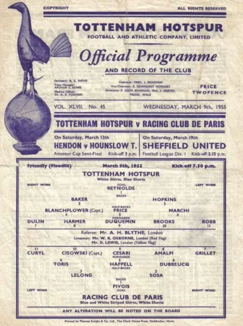 Spurs v Racing Club de France Football (09 Mar 1955) Programme