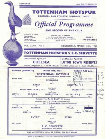 Spurs v Servette FC (30 Mar 1955) Programme