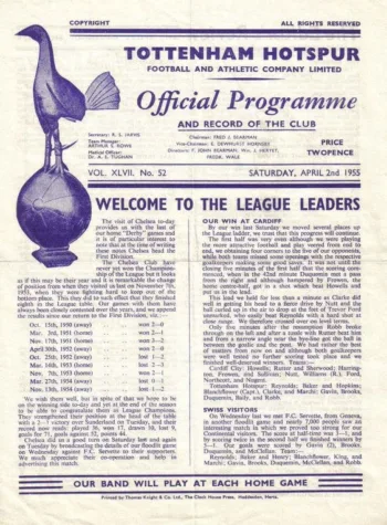 Spurs v Chelsea FC (02 Apr 1955) Programme
