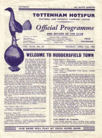 Spurs v Huddersfield Town (11 Apr 1955) Programme