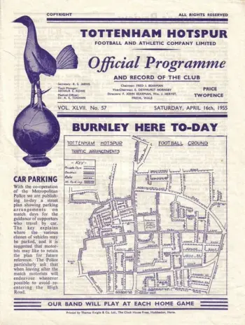 Spurs v Burnley FC (16 Apr 1955) Programme