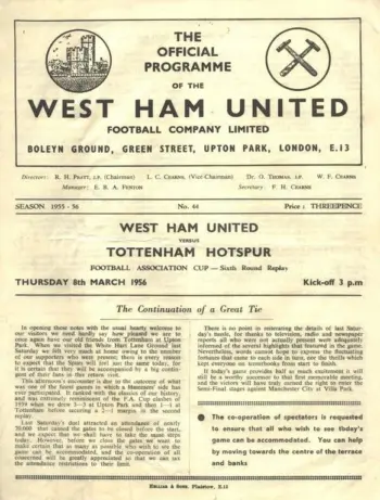 Spurs v West Ham United (08 Mar 1956) Programme