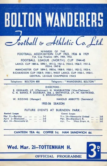Spurs v Bolton Wanderers (21 Mar 1956) Programme