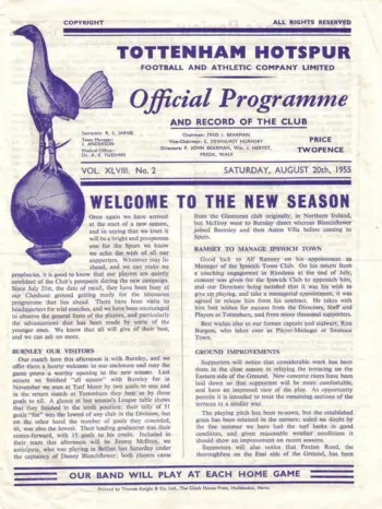 Spurs v Burnley FC (20 Aug 1955) Programme