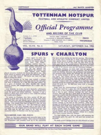 Spurs v Charlton Athletic (03 Sep 1955) Programme