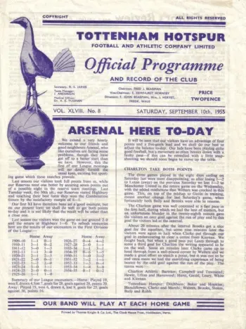 Spurs v Arsenal FC (10 Sep 1955) Programme