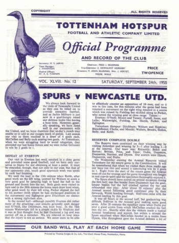 Spurs v Newcastle United (24 Sep 1955) Programme