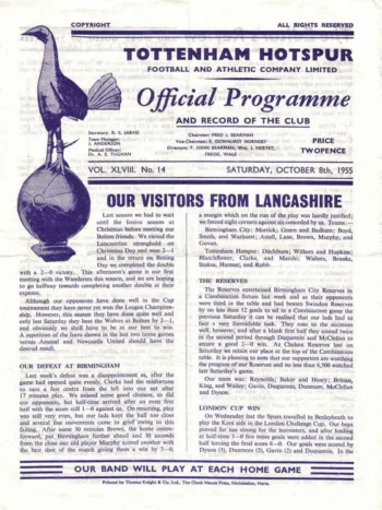Spurs v Bolton Wanderers (08 Oct 1955) Programme