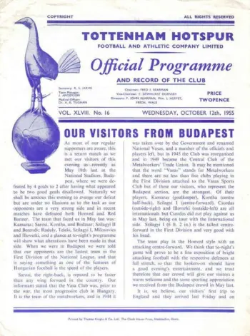 Spurs v Vasas SC (12 Oct 1955) Programme