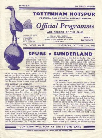 Spurs v Sunderland AFC (22 Oct 1955) Programme