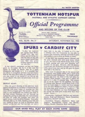 Spurs v Cardiff City (05 Nov 1955) Programme