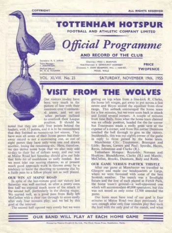 Spurs v Wolverhampton Wanderers (19 Nov 1955) Programme