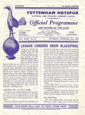 Spurs v Blackpool FC (03 Dec 1955) Programme