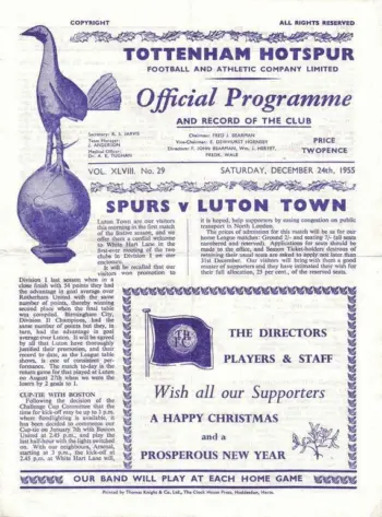 Spurs v Luton Town (24 Dec 1955) Programme