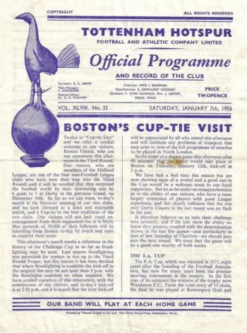 Spurs v Boston United (07 Jan 1956) Programme