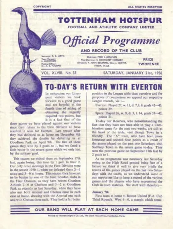 Spurs v Everton FC (21 Jan 1956) Programme