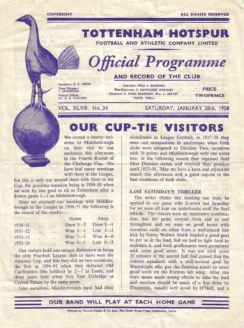 Spurs v Middlesbrough FC (28 Jan 1956) Programme
