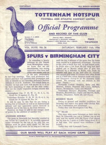 Spurs v Birmingham City (11 Feb 1956) Programme