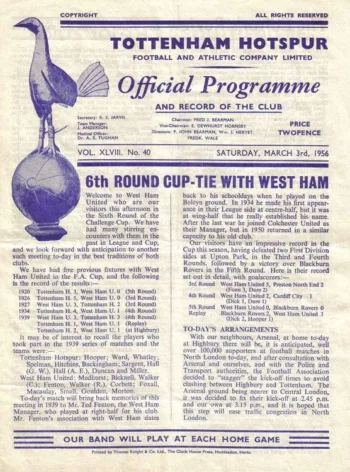 Spurs v West Ham United (03 Mar 1956) Programme