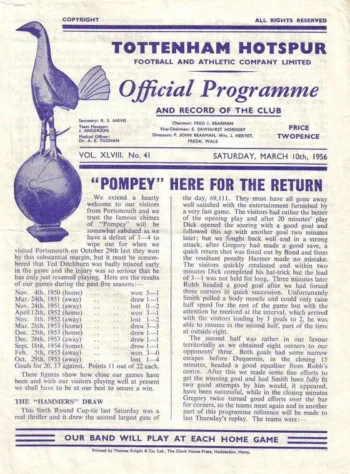 Spurs v Portsmouth FC (10 Mar 1956) Programme