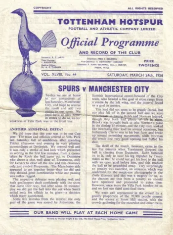 Spurs v Manchester City (24 Mar 1956) Programme