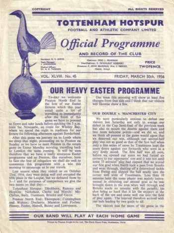 Spurs v Preston North End (30 Mar 1956) Programme
