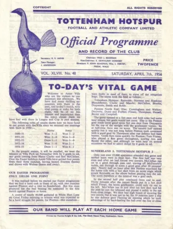 Spurs v Aston Villa (07 Apr 1956) Programme