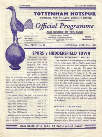 Spurs v Huddersfield Town (21 Apr 1956) Programme