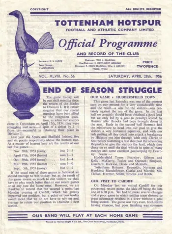 Spurs v Sheffield United (28 Apr 1956) Programme