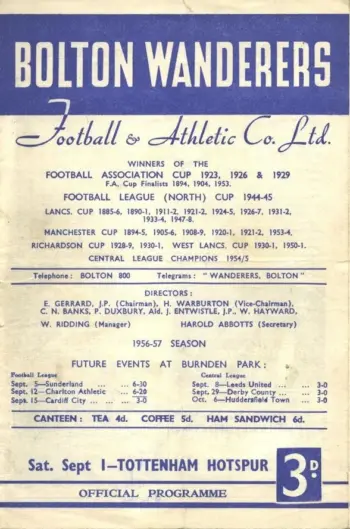 Spurs v Bolton Wanderers (01 Sep 1956) Programme