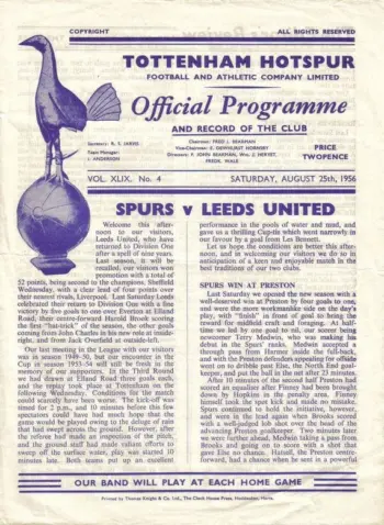 Spurs v Leeds United (25 Aug 1956) Programme