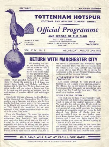 Spurs v Manchester City (29 Aug 1956) Programme