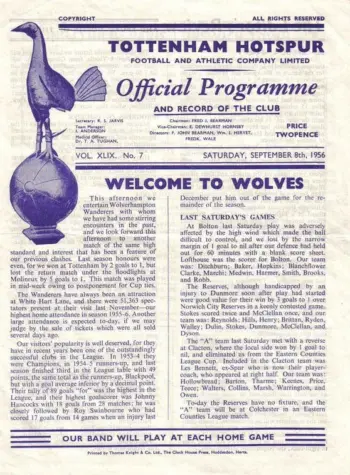 Spurs v Wolverhampton Wanderers (08 Sep 1956) Programme
