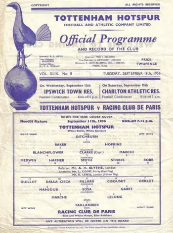 Spurs v Racing Club de France Football (11 Sep 1956) Programme