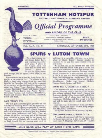 Spurs v Luton Town (22 Sep 1956) Programme