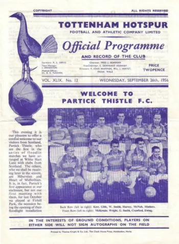 Spurs v Partick Thistle FC (26 Sep 1956) Programme